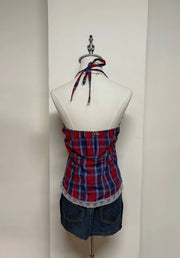 Red Tartan Print Lace Trim Halter 3