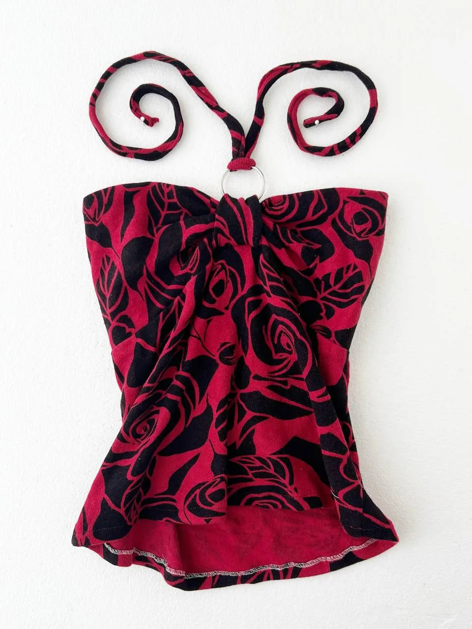 Red with Black Rose Print Halter 1