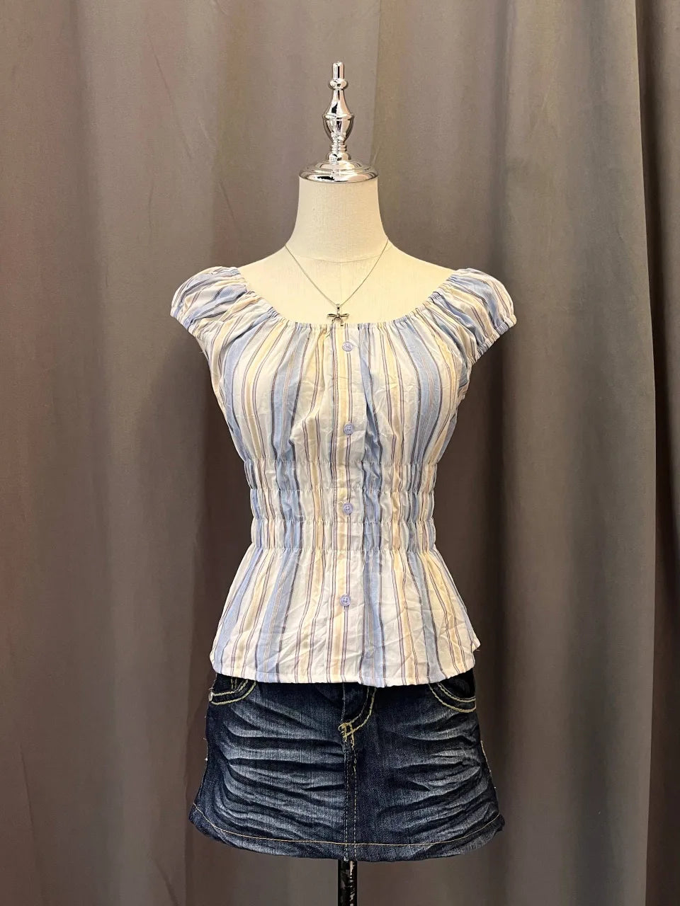 Reworked Milkmaid Blouse (Blue & Beige Striped) 1