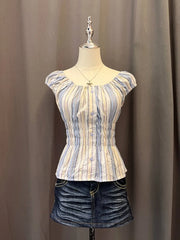 Reworked Milkmaid Blouse (Blue & Beige Striped) 1