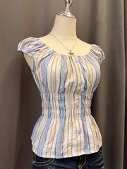 Reworked Milkmaid Blouse (Blue & Beige Striped) 2