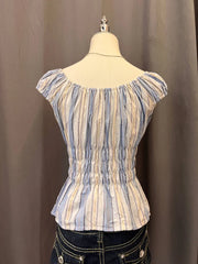 Reworked Milkmaid Blouse (Blue & Beige Striped) 3