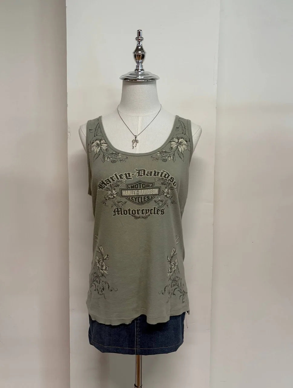 Sage Green Graphic with Rhinestones Harley Davidson Tank 1
