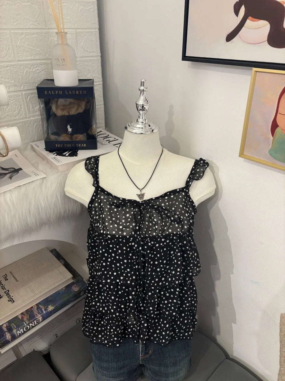 Sheer Tiered Ruffle Black Polkadot Cami 1