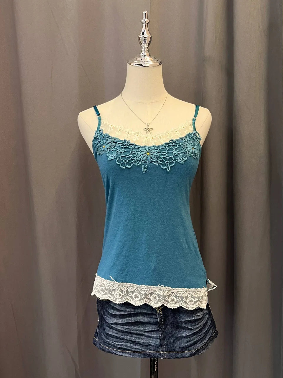 Teal Crochet Lace Applique Cami 1