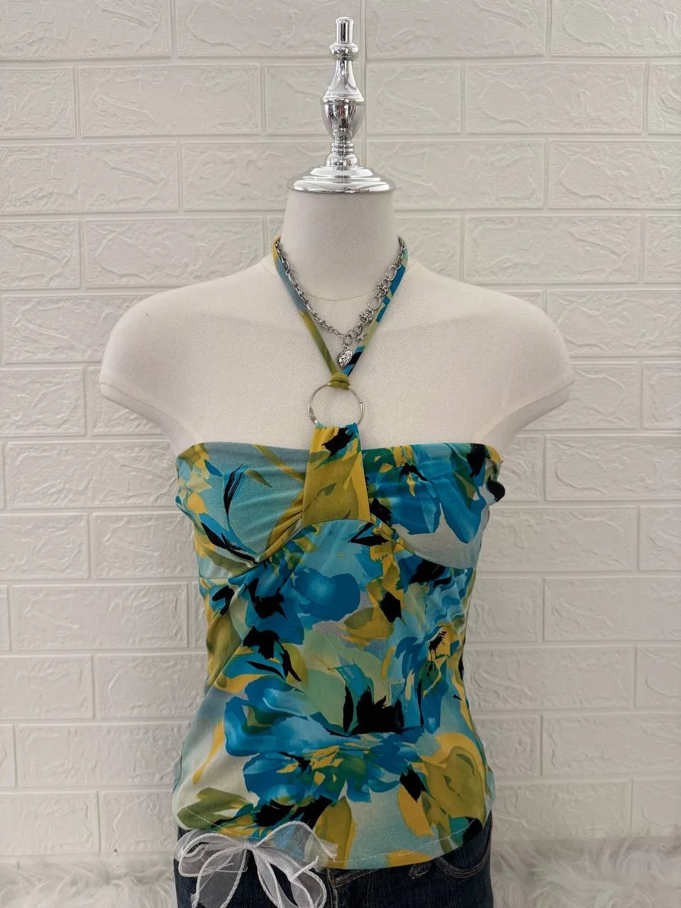 Teal Floral Reworked Halter Top 1