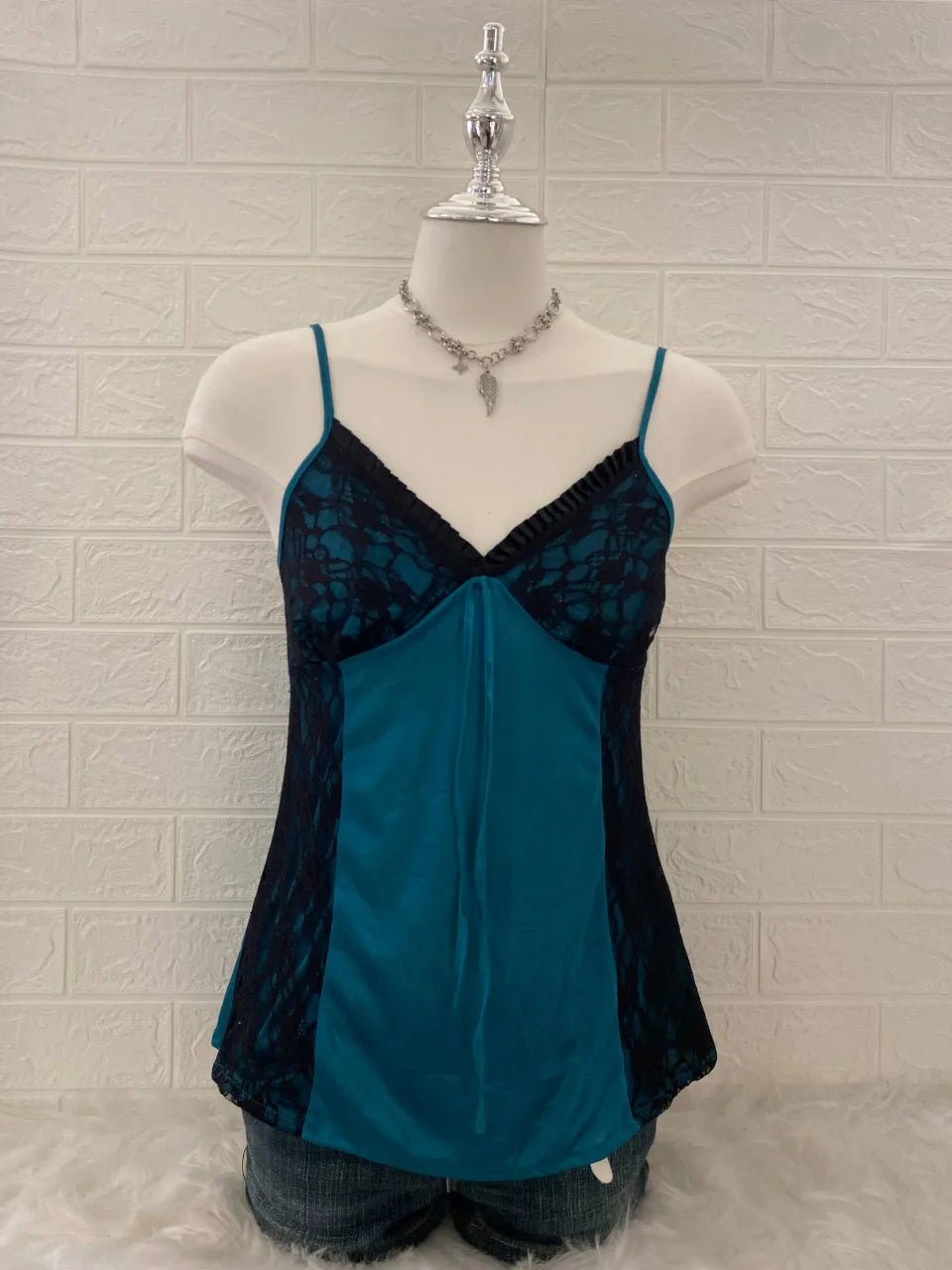 Teal with Black Lace Detail Cami 1