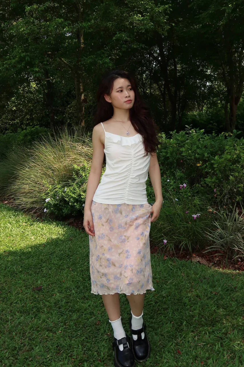 Baby Pink with Blue Florals Midi Skirt