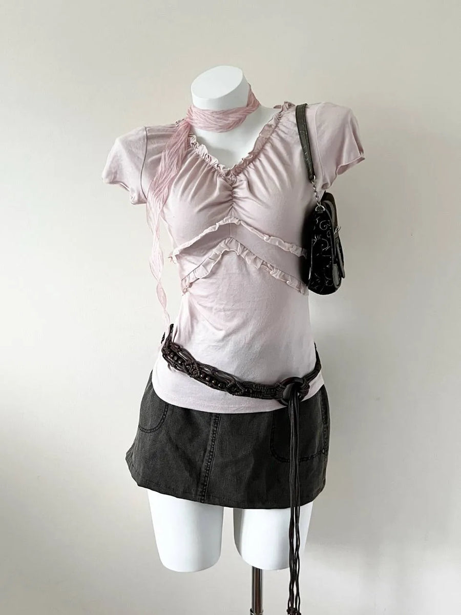 Baby Pink Ruched Ruffle Blouse