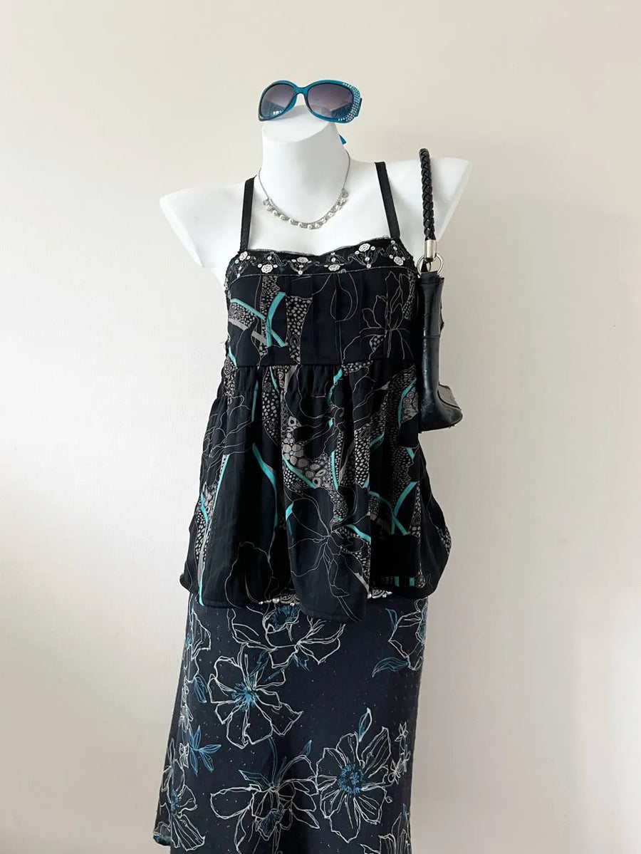 Black Pattern with Sequinned Neckline Cami