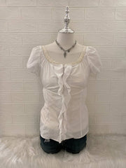 White Puff Sleeve with Ruffles and Waist Tie Babydoll Top 1