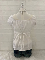 White Puff Sleeve with Ruffles and Waist Tie Babydoll Top 2