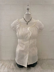 White Puff Sleeve with Waist Tie Babydoll Top 1