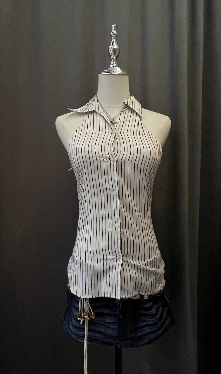 White Striped Hlter Blouse 1