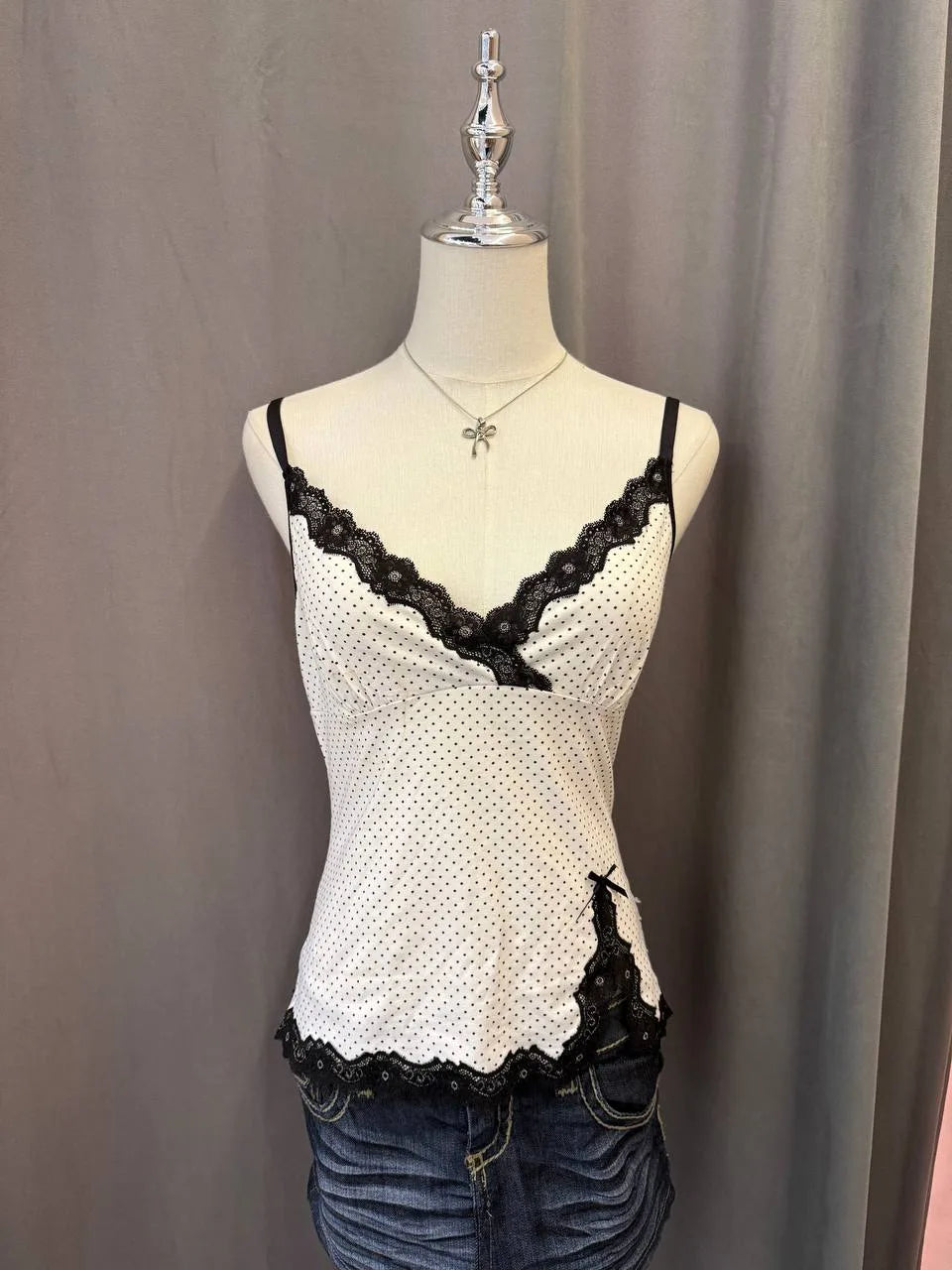 White with Black Lace Trim Polkadot Cami 1