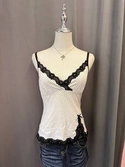 White with Black Lace Trim Polkadot Cami 1