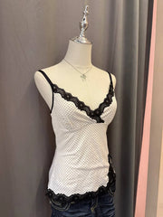 White with Black Lace Trim Polkadot Cami 2