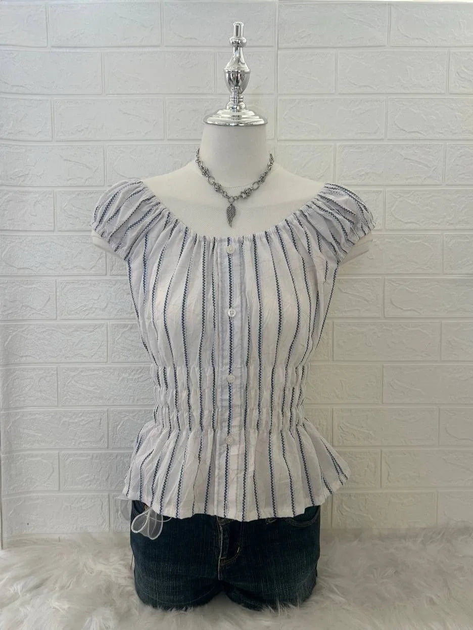White with Blue Striped Cinched Milkmaid Blouse 1