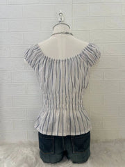 White with Blue Striped Cinched Milkmaid Blouse 2