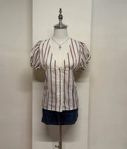 White with Brown Striped Puff Sleeve Blouse 1