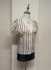 White with Brown Striped Puff Sleeve Blouse 2