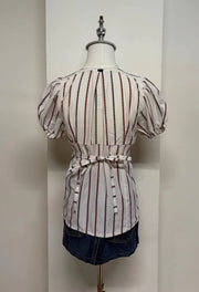 White with Brown Striped Puff Sleeve Blouse 3