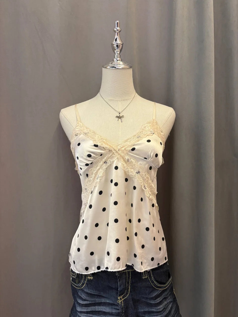 White with Cream Lace Trim Polkadot Satin Cami 1