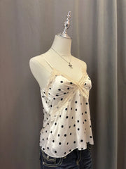 White with Cream Lace Trim Polkadot Satin Cami 2