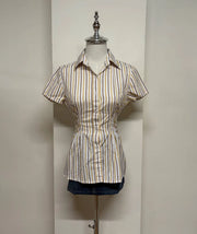 White with Yellow and Blue Striped Cinched Blouse 1