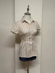 White with Yellow and Blue Striped Cinched Blouse 2