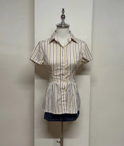 White with Yellow and Blue Striped Cinched Blouse 3