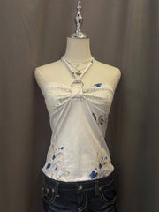 Yellow with Orange Floral Reworked Halter 1